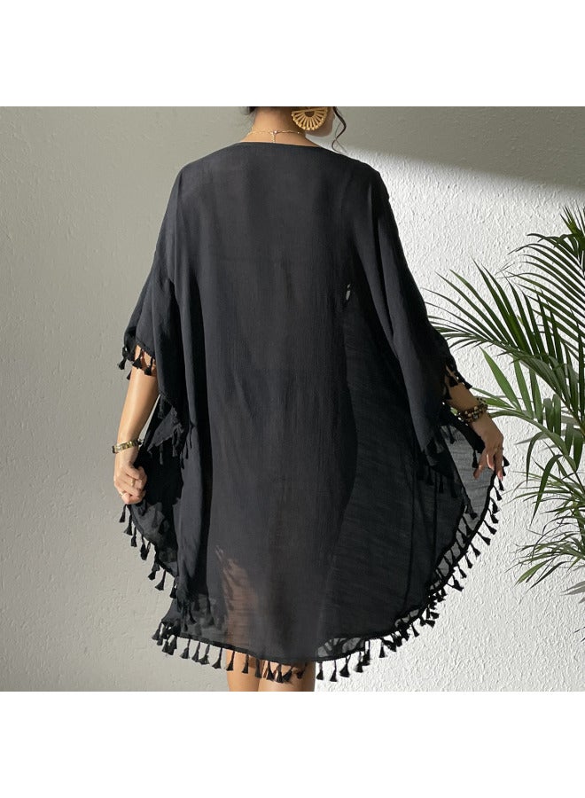 فستان الشاطئ 2024 بلوزة الشاطئ الكروشيه خياطة شرابة ملابس السباحة بي اللون الخارجي: 6518-أسود- - Image 4